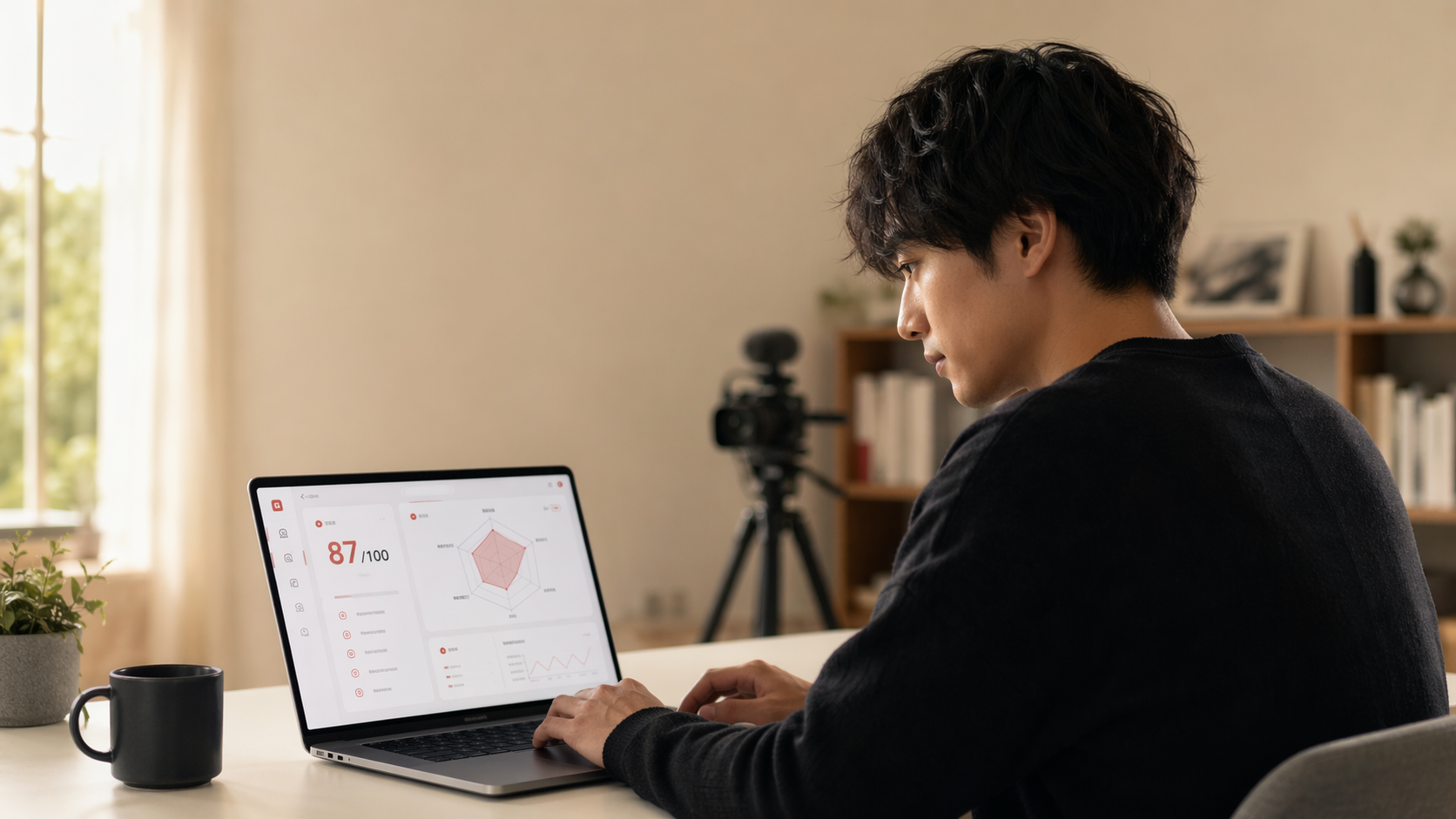 動画評価AIのスコア画面 — 男性クリエイターがラップトップで87点のレーダーチャートを確認している様子